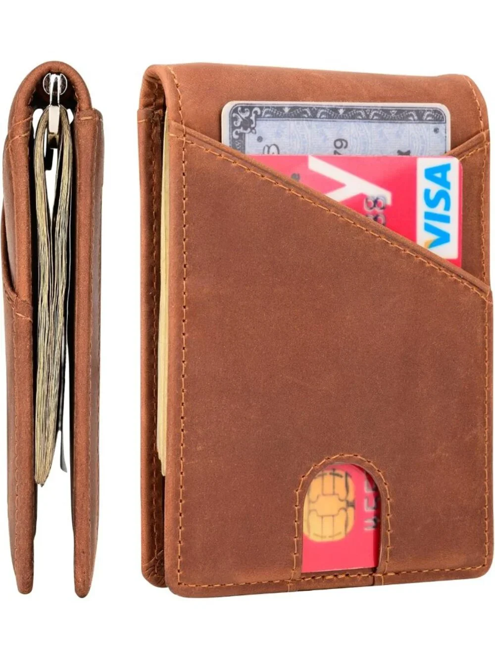 Slim RFID Blocking Minimalist Bifold Wallet with Money Clip, Genuine Leather